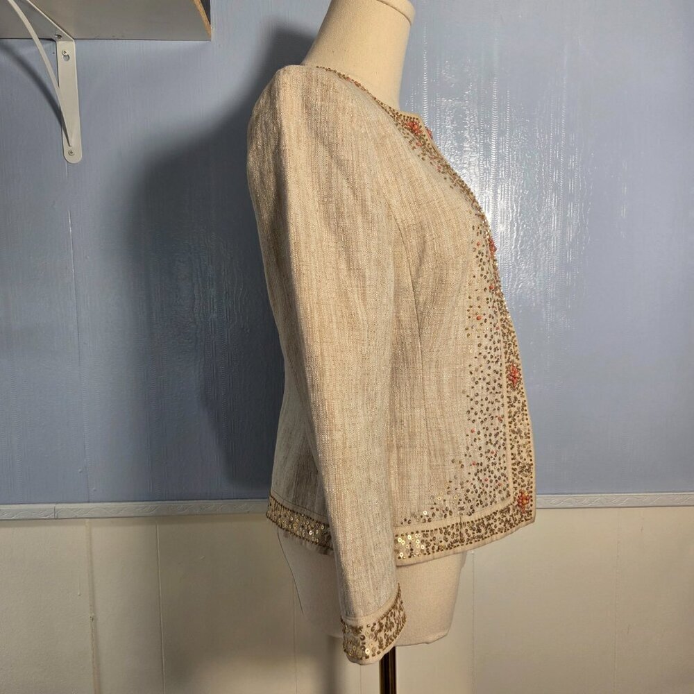Ann Taylor Size 0 Cotton / Linen Blend Sequin Beaded Lightweight Dressy Jacket - Picture 6 of 12
